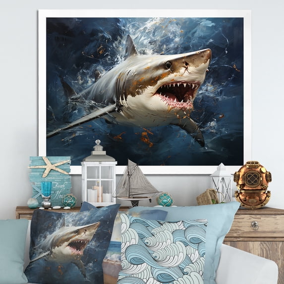 Designart "Underwater Encounter Shark Attack III" Animals Framed Wall Art Decor - Modern Blue Shark Bedroom Framed Canvas Wall Art