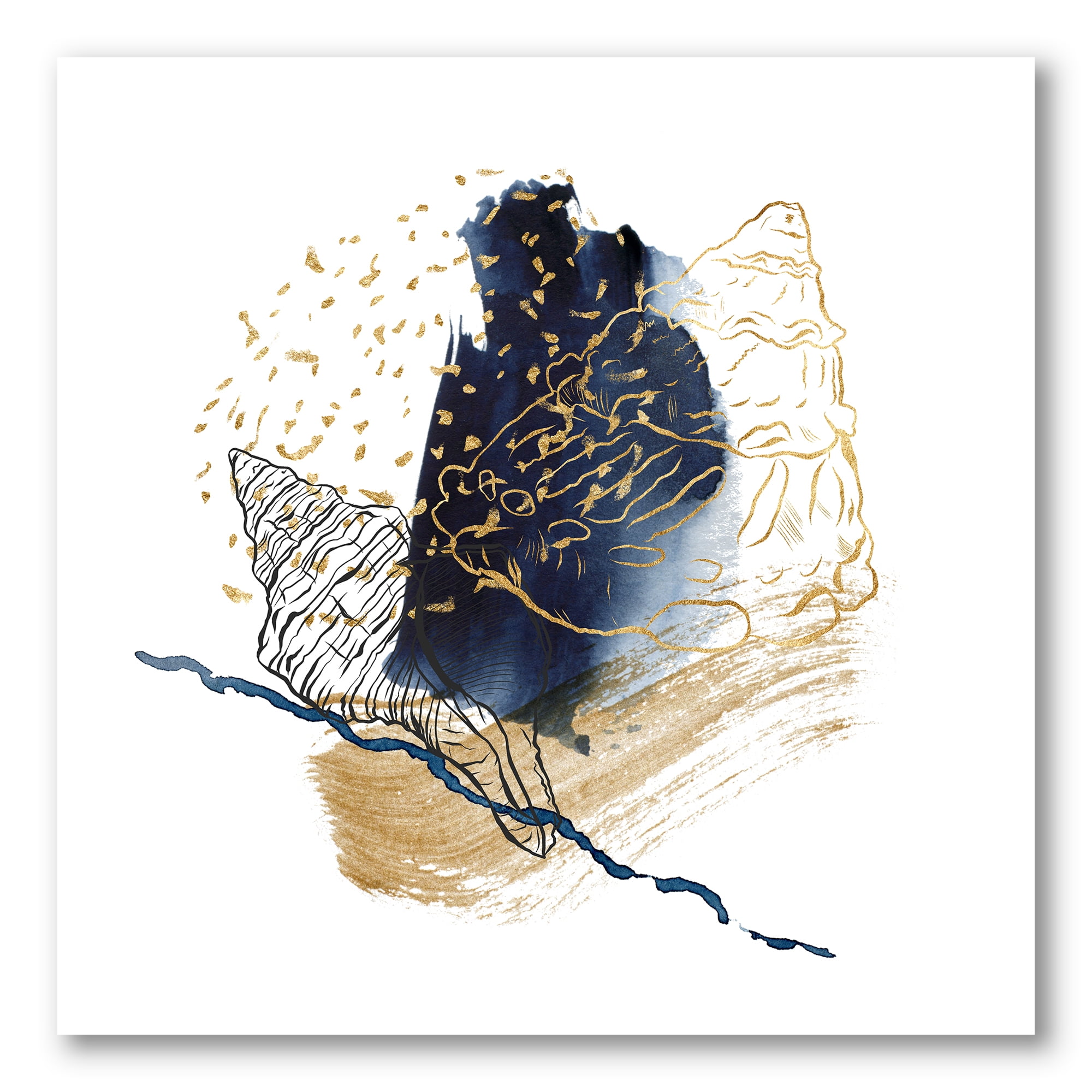 Designart ' Underwater Marine Life With Gold Shell Line Art ' Farmhouse Canvas Wall Art Print