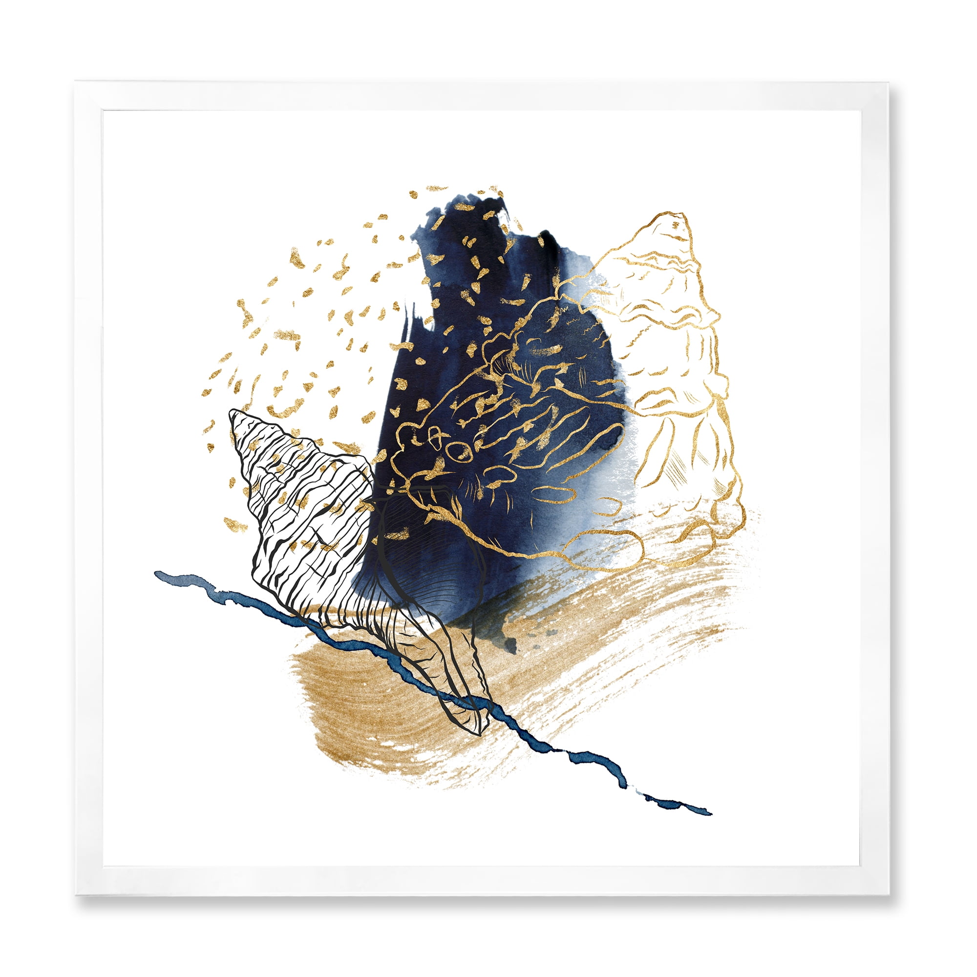 Designart 'Underwater Marine Life With Gold Shell Line Art' Farmhouse Framed Art Print