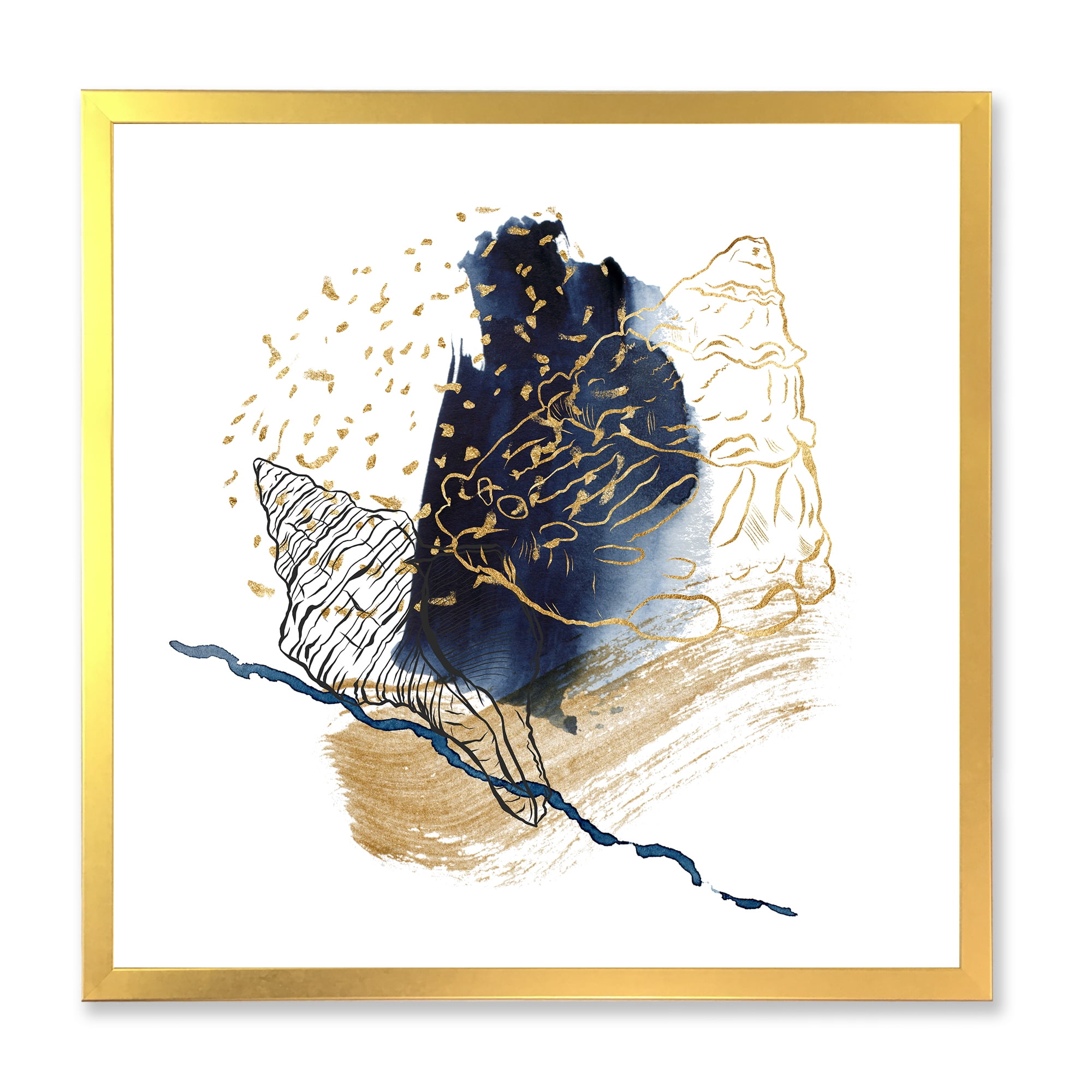 Designart 'Underwater Marine Life With Gold Shell Line Art' Farmhouse Framed Art Print