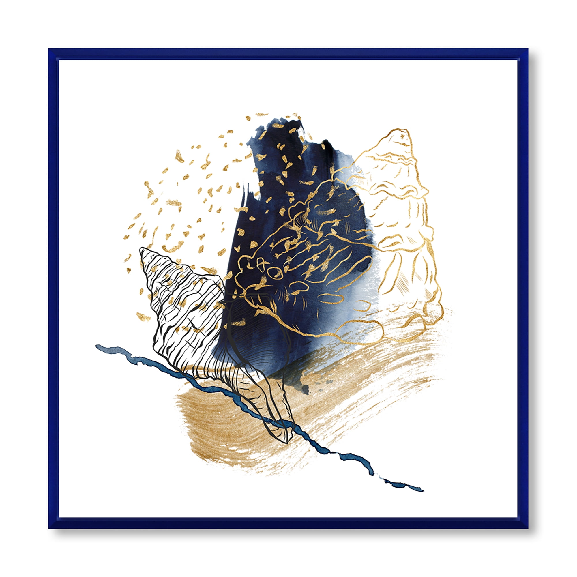 Designart 'Underwater Marine Life With Gold Shell Line Art' Farmhouse Framed Canvas Wall Art Print