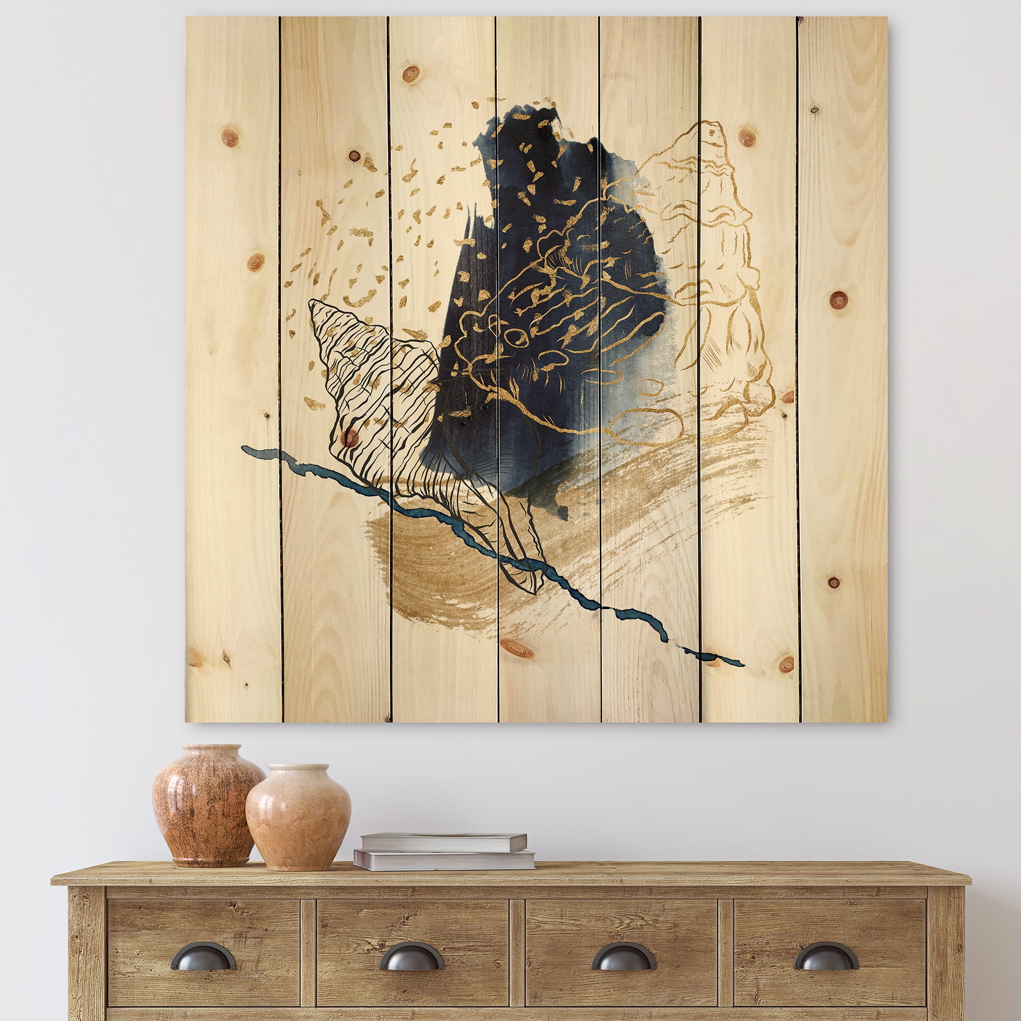 Designart 'Underwater Marine Life With Gold Shell Line Art' Farmhouse Print on Natural Pine Wood