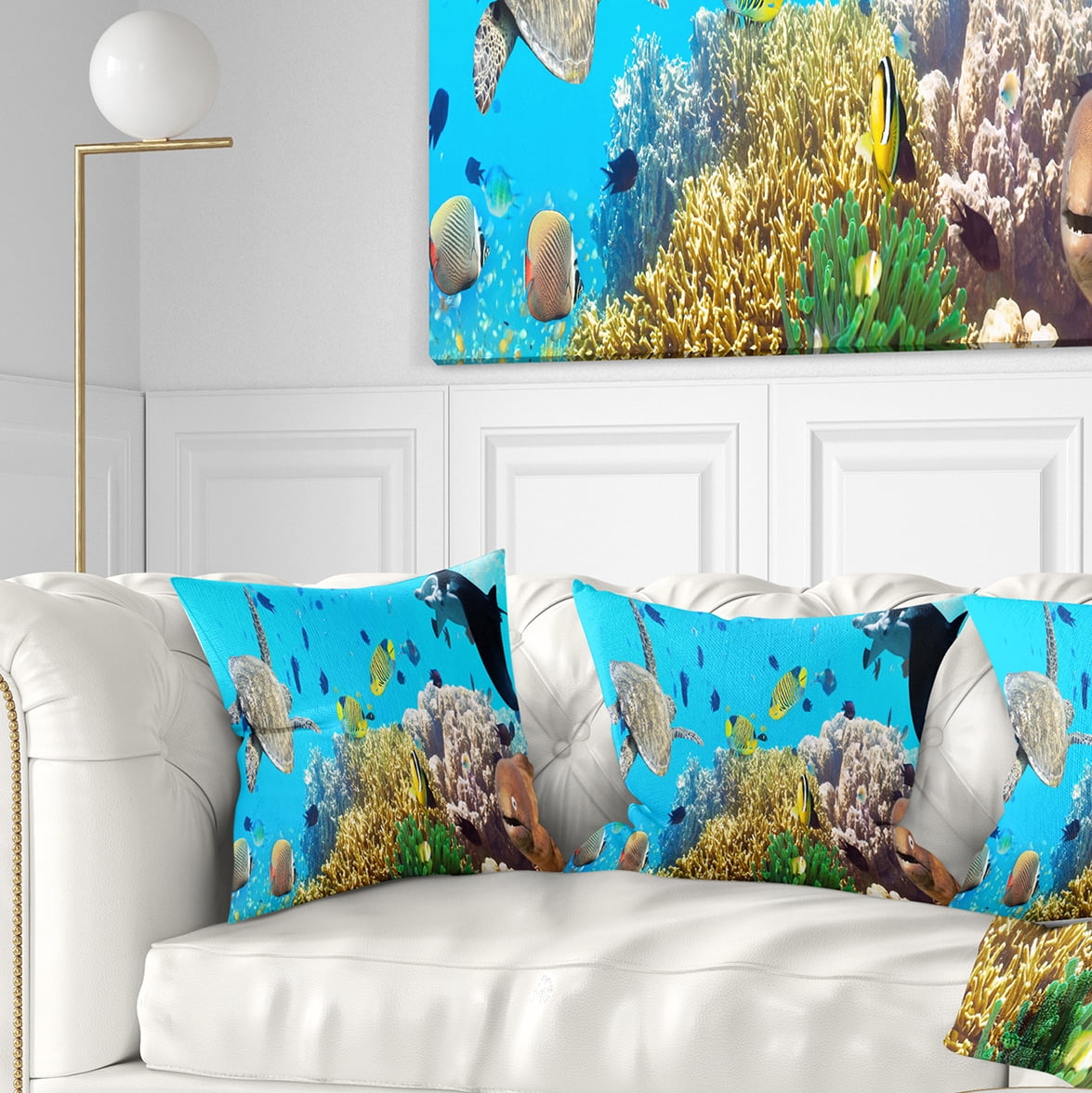 Designart Underwater Panorama with Sea Creatures - Photography Throw Pillow - 18x18