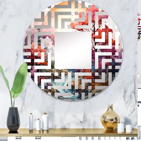 Designart "Underwater Spectrum Forest" Abstract Landscape Maze Round Wall Mirror - Landscapes Oval Printed Decorative Mirror - Multiple Color Options