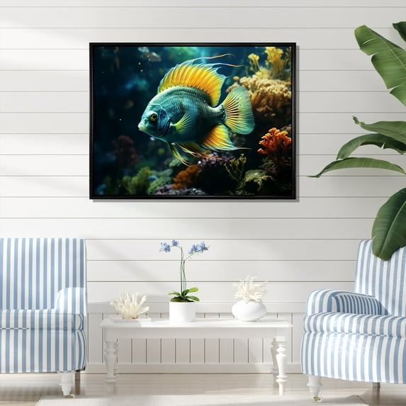 Designart "Underwater World Surreal Fish Depiction I" Animals Framed Wall Art - Modern Blue Butterfly Fish Living Room Framed Canvas Art