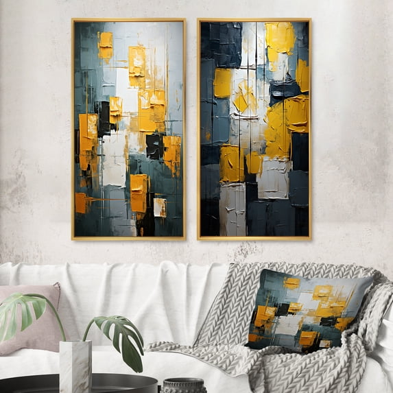 Designart "Unexpected Joy Teal and Yellow Abstract II" Abstract Painting Framed Wall Art Set Of 2 - Modern Blue Framed Wall Art Set Of 2