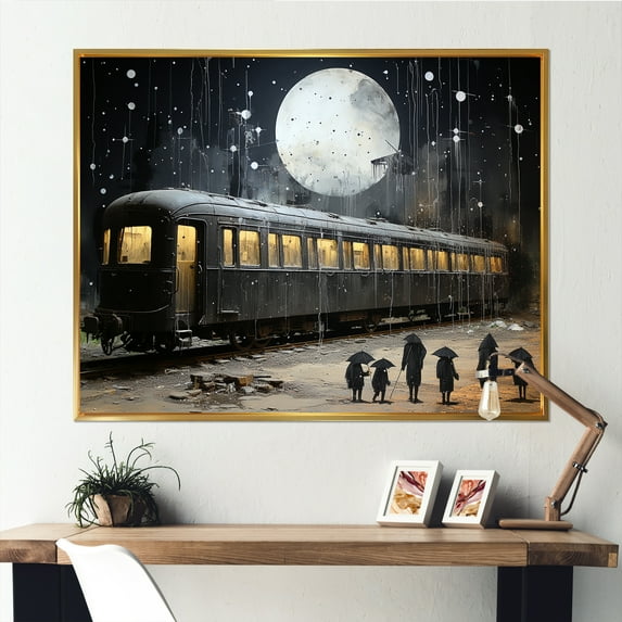 Designart "Union Station Noir Black Train Station I" Performing Arts Framed Wall Art - Modern Farmhouse Black Transportation Train Bedroom Framed Canvas Wall Art