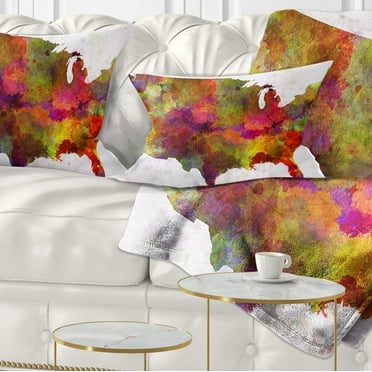 Designart United States Map in Colors - Watercolor Painting Throw Pillow - 12x20