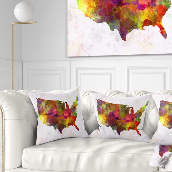 Designart United States Map in Colors - Watercolor Painting Throw Pillow - 18x18