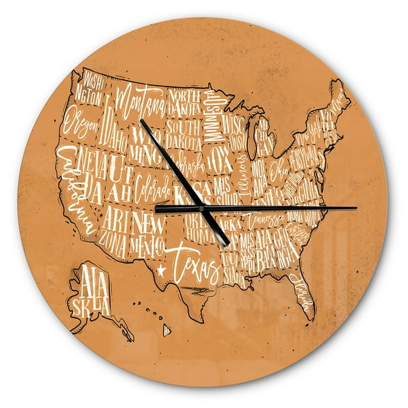 Designart 'United States Yellow Vintage Map ' Modern wall clock