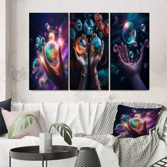Designart "Universal Connection The Cosmos in Your Hands III" Space Wall Art Set Of 3 - Modern Pink Gallery Wall Set For Home Decor