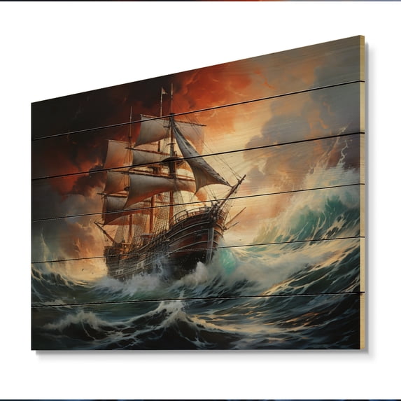 Designart "Unleashed Storm Fury in Orange III" Nautical & Beach Print on Natural Pine Wood