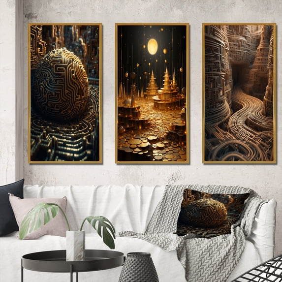 Designart "Unraveling the Gold Labyrinth Mystery Unveiled III" Abstract Landscape Framed Wall Art Set Of 3 - Gold Abstract Landscapes Frame Canvas Set For Living Room Decor