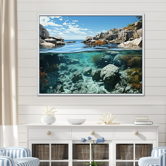 Designart "Untamed Beachscape Vistas II" Coastal Coral Under Water Floater Framed Wall Art Living Room