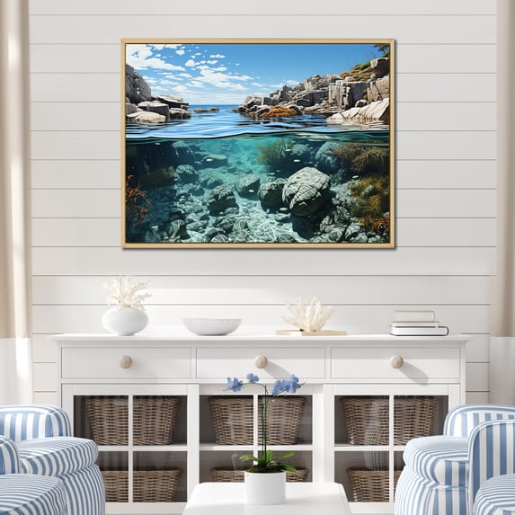Designart "Untamed Beachscape Vistas II" Coastal Coral Under Water Floater Framed Wall Art Living Room