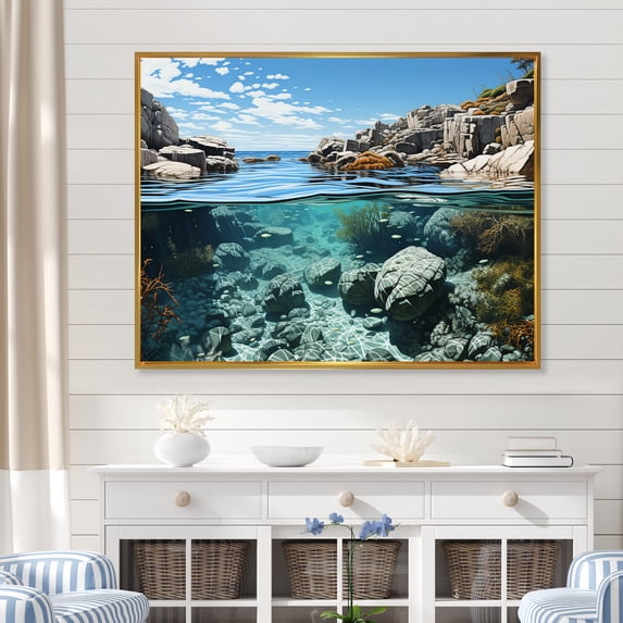 Designart "Untamed Beachscape Vistas II" Coastal Coral Under Water Floater Framed Wall Art Living Room