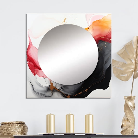 Designart "Untamed Commitments Abstract Gold Undulation Rosy And Black I" Abstract Painting Square Mirror For Wall Decor - Large Gold Square Printed Wall Mirror Art - Square Modern Wall Mirror