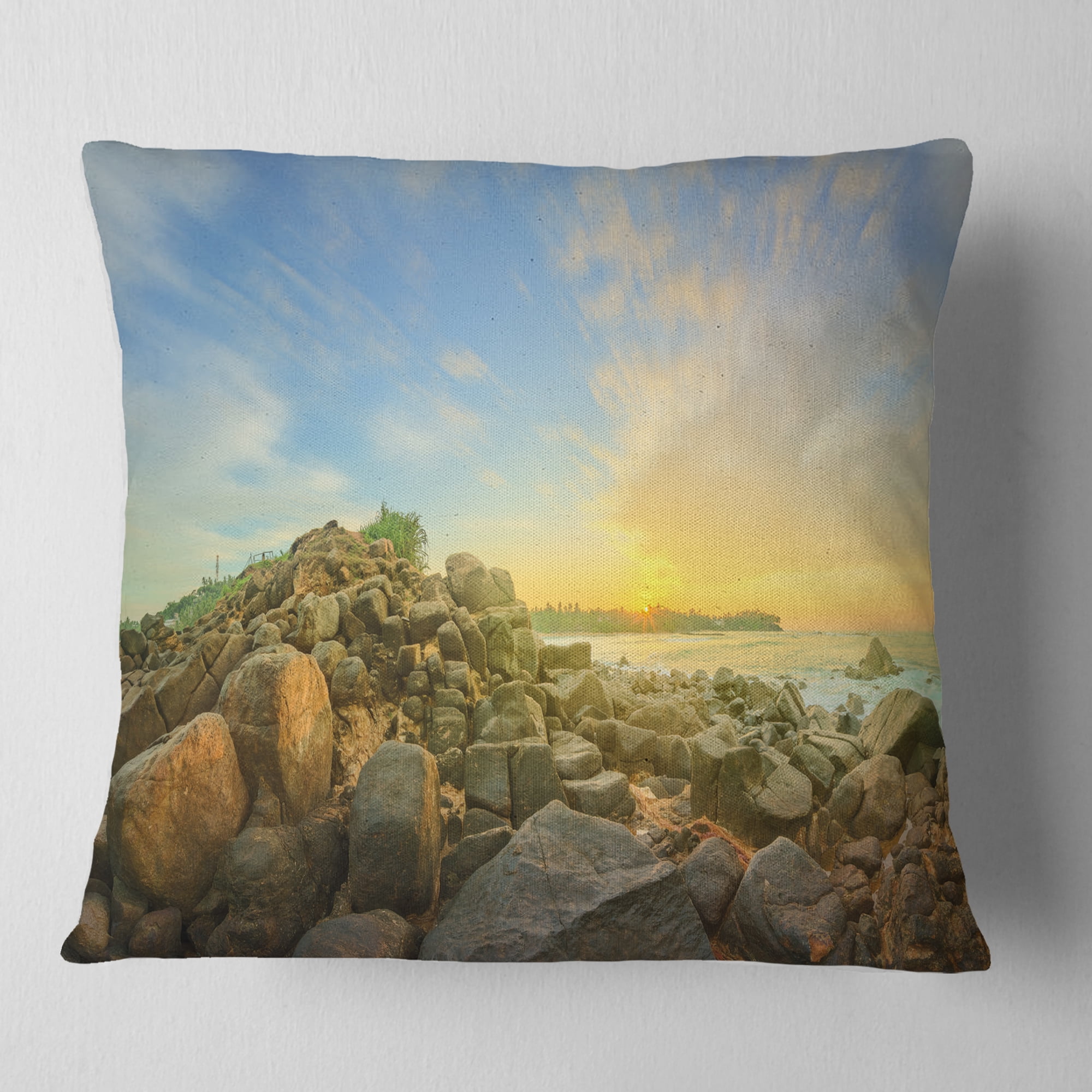 Designart Untouched Romantic Beach of Sri Lanka - Landscape Printed Throw Pillow - 16x16