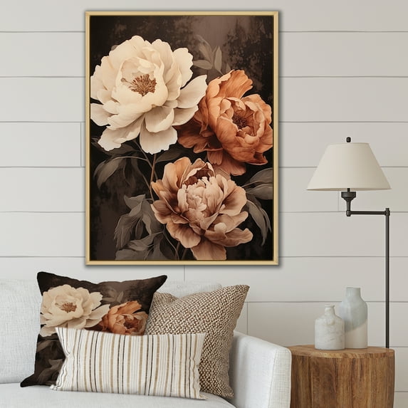 Designart "Unveiled Vintage Peony Botanicals II" Peonies Floater Framed Canvas Wall Art