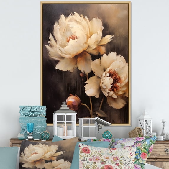 Designart "Unveiled Vintage Peony Botanicals III" Peonies Floater Framed Canvas Prints