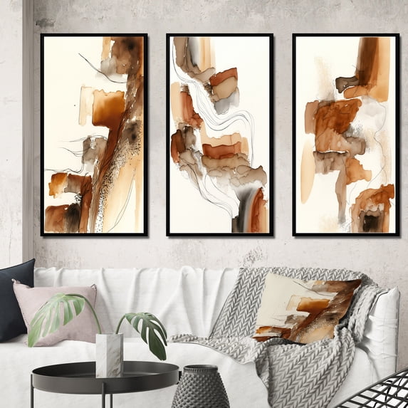 Designart "Unveiling Canyon Ridge - An Expedition I" Abstract Liquid Ink Framed Wall Art Set Of 3 - Brown Modern Frame Gallery Set For Office Decor
