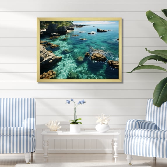 Designart "Unveiling Tropical Paradise Aerial Coral Beaches I" Coastal Framed Wall Art Decor - Coastal Coral Coastal Beach Entryway Framed Wall Art
