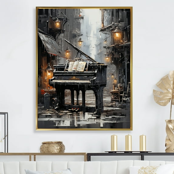 Designart "Upright Urban Piano I" Music Floater Framed Wall Art Living Room