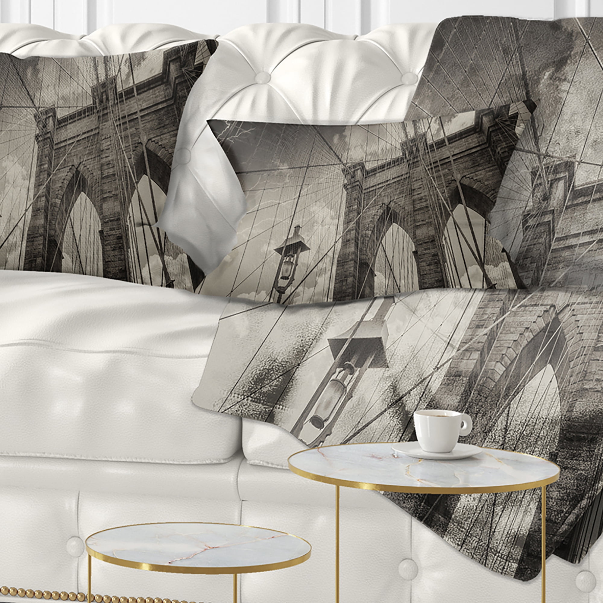 Designart Upward View of Brooklyn Bridge - Cityscape Photo Throw Pillow - 12x20
