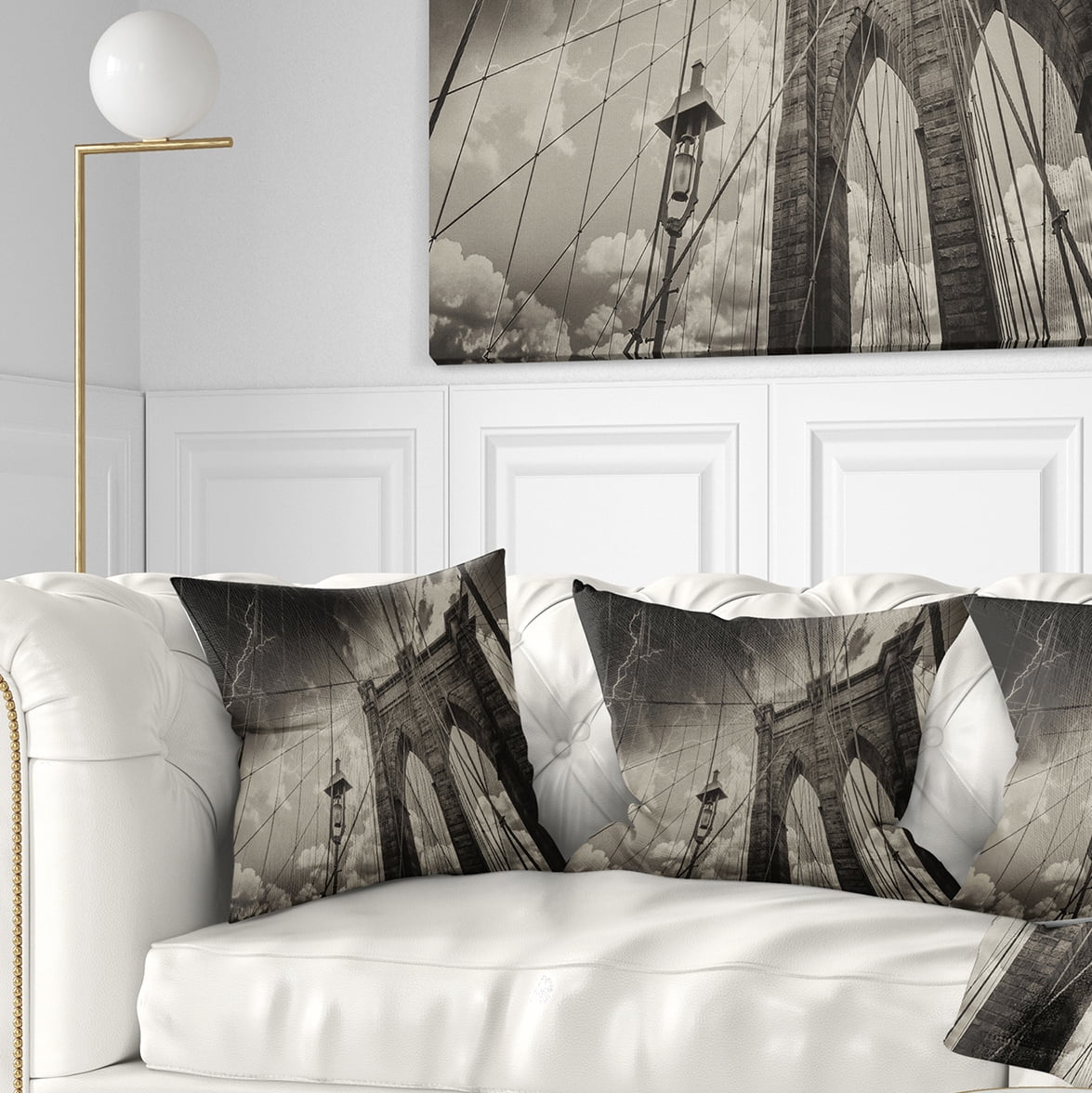 Designart Upward View of Brooklyn Bridge - Cityscape Photo Throw Pillow - 16x16