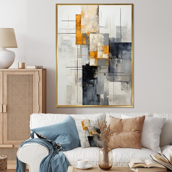 Designart "Urban Abstract in Grey and White I" Abstract Framed Wall Art - Modern Grey Abstract Collages Bedroom Framed Canvas Wall Art