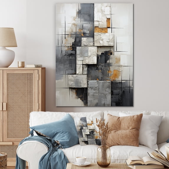 Designart "Urban Abstract in Grey and White IV" Abstract Canvas Wall Art - Modern Grey Abstract Collages Living Room Canvas Art