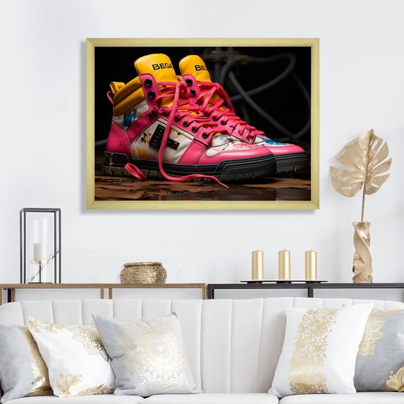 Designart "Urban Edge with Pink Sneakers" Fashion Framed Wall Art Decor - Glam Pink Balenciaga Living Room Framed Canvas Art