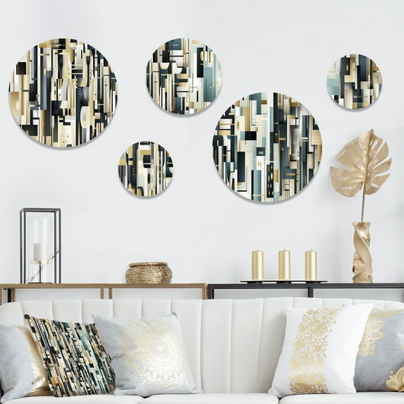 Designart "Urban Elegance In Neutral Geometrics" Geometric Round Wall Art Set Of 5 - Grey Modern Living Room Wall Metal Art Set