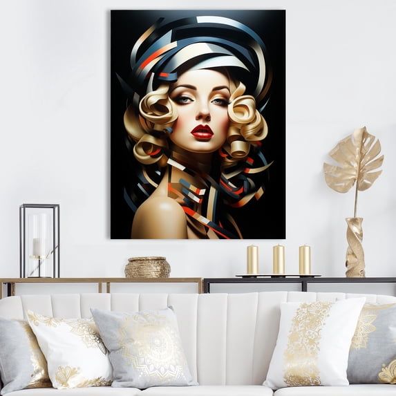 Designart "Urban Elegance in 60s Woman's Green & Red II" Fashion Canvas Wall Art - Glam Green Fashion Woman Hallway Wall Art Decor