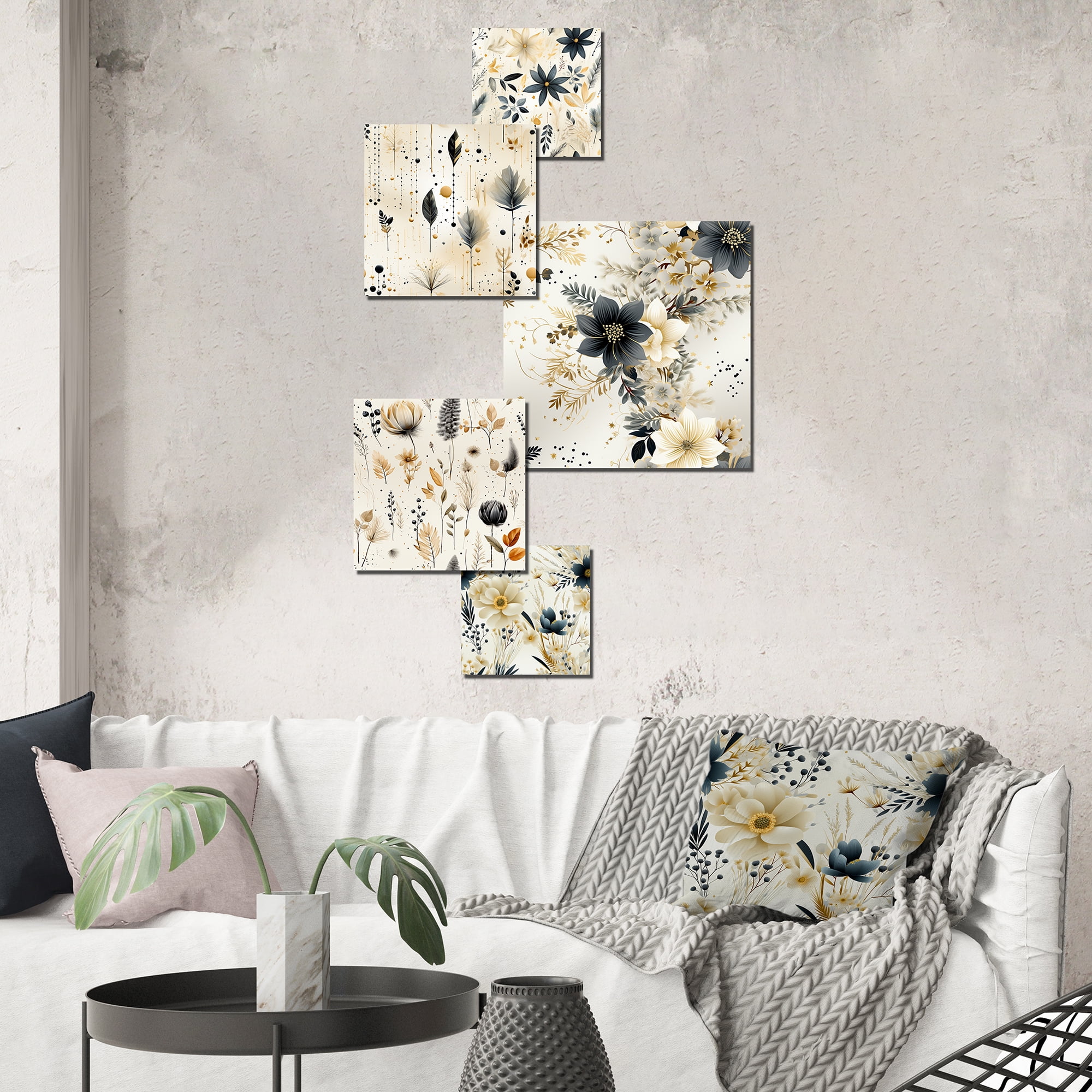 Grey and Beige Floral Metal Wall Art Set of 5 Panels