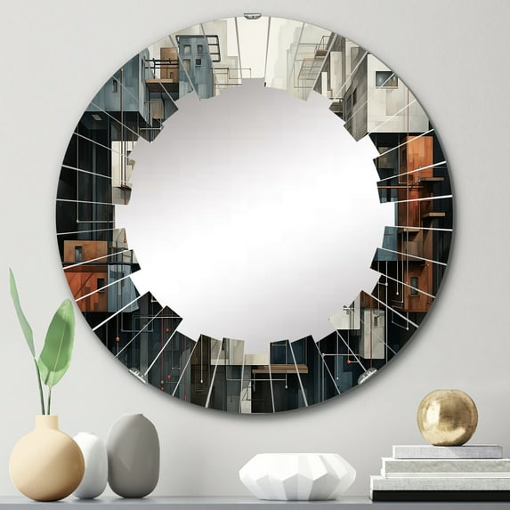 Designart "Urban Geometry Hardedge Art wall art III" Modern Round Wall Mirror - Abstract Oval Printed Decorative Oversized Mirror - Multiple Color Options