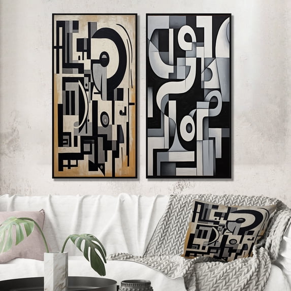 Designart "Urban Groove Garden Abstract Geometrics II" Modern Geometric Framed Wall Art Set Of 2 - Modern Black Framed Canvas Set For Living Room Decor