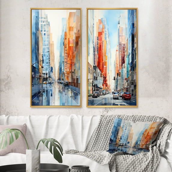 Designart "Urban Heights with Skyscrapers VIII" Skyscrapers Framed Wall Art Set Of 2 - Orange Architecture Framed Canvas Set For Living Room Decor