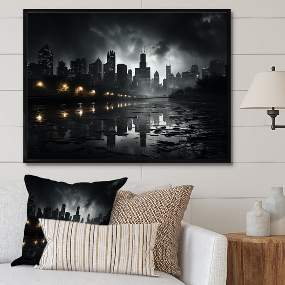 Designart "Urban Noir Jet Skyscrapers" Architecture Floater Framed Wall Art Living Room