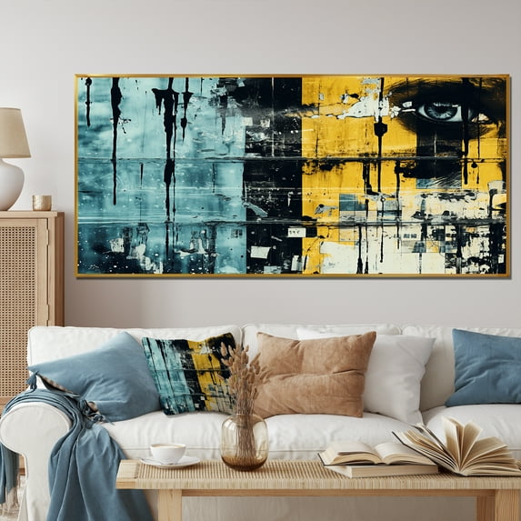 Designart "Urban Odyssey in Collages II" Extra Large Abstract Framed Wall Art - Transitional Yellow Abstract Collages Entryway Framed Wall Art Print