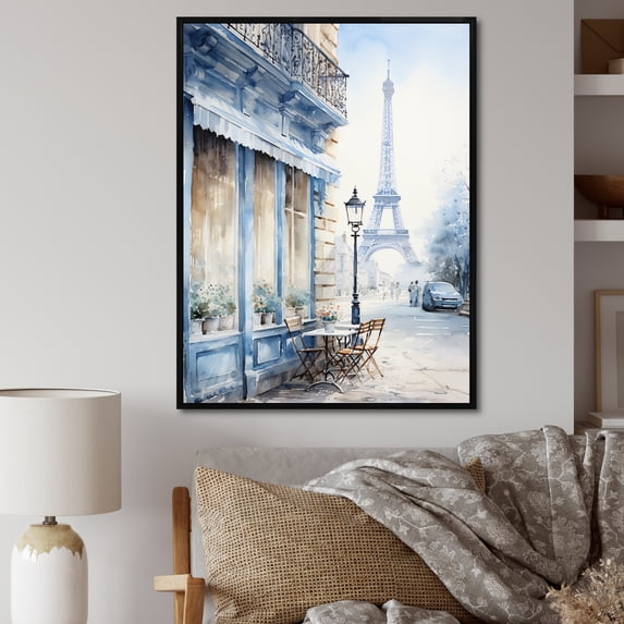 Designart "Urban Parisian Street in Grey Tones I" Cityscapes Framed Wall Art - Industrial Grey Paris Entryway Framed Wall Art Print