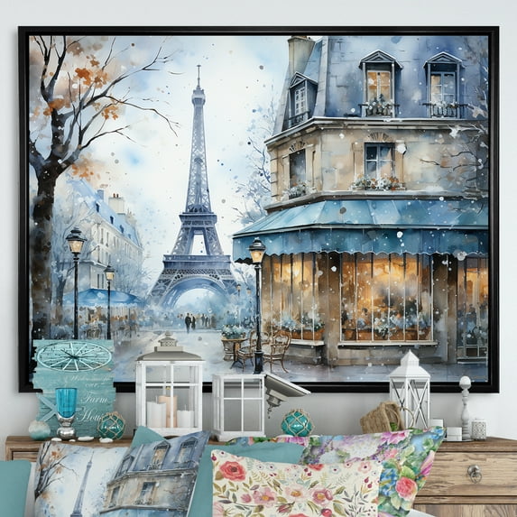Designart "Urban Parisian Street in Grey Tones IV" Cityscapes Framed Wall Art - Industrial Grey Paris Entryway Framed Wall Art Print