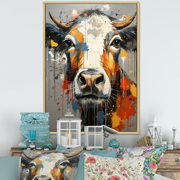 Designart "Urban Pop Art With A Cow I" Animals Cow Floater Framed Canvas Wall Art