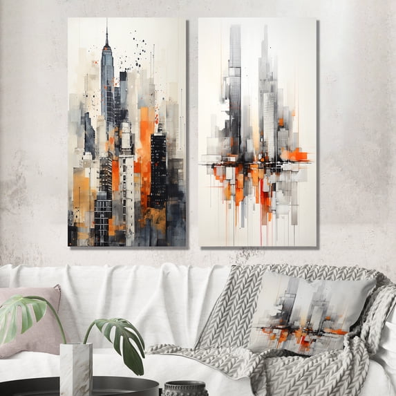Designart "Urban Rhythm Minimalism in Orange and Grey II" Minimalism Wall Art Set Of 2 - Orange Abstract Gallery Wall Set For Home Decor