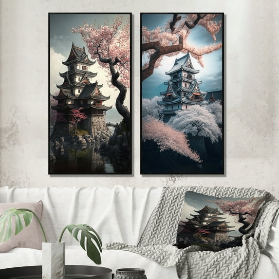 Designart "Urban Sakura Mirage II" Landscape Japon Framed Wall Art Set Of 2 - Pink Landscapes Framed Canvas Set For Living Room Decor