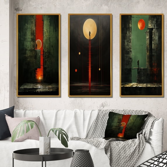 Designart "Urban Solitude under the Full Moon IV" Modern Geometric Framed Wall Art Set Of 3 - Red Abstract Geometric Frame Canvas Set For Living Room Decor