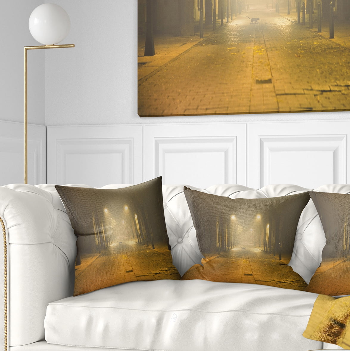 Designart Urban Street at Night - Landscape Photo Throw Pillow - 18x18