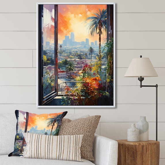 Designart "Urban View through Los Angeles Window I" Floral Framed Wall Art - Traditional Yellow Window Entryway Framed Wall Art