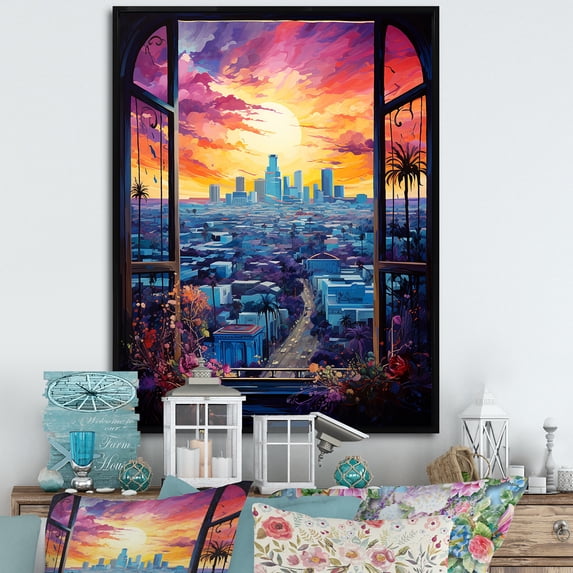 Designart "Urban View through Los Angeles Window II" Floral Framed Wall Art - Traditional Yellow Window Hallway Framed Wall Art Decor