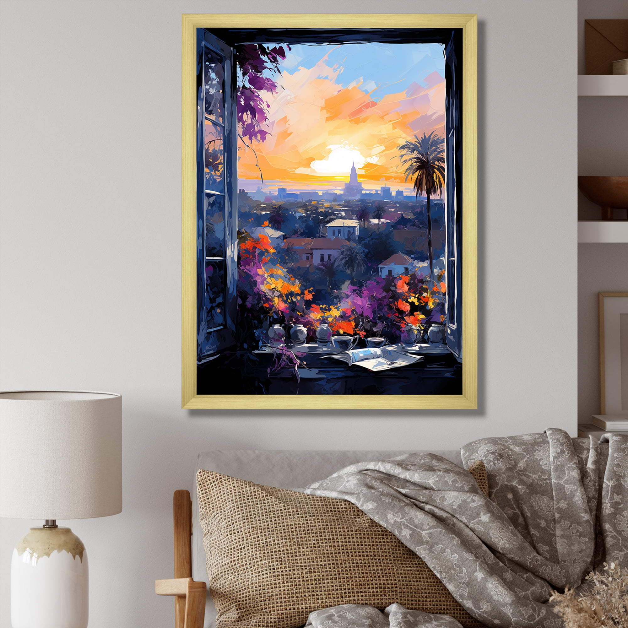 Designart "Urban View through Los Angeles Window III" Floral Framed